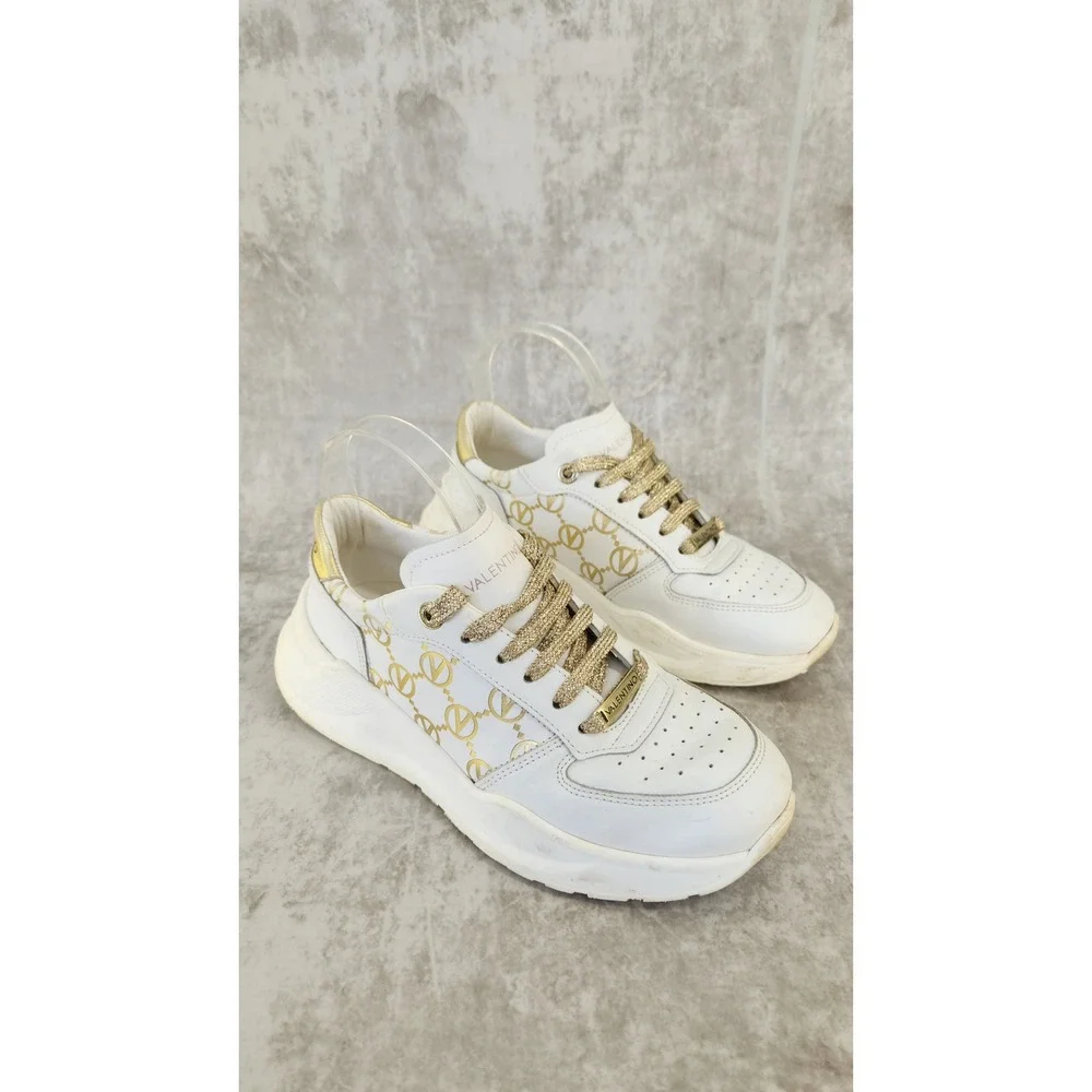 Valentino Garavani Sneakers Women 7.5 White Gold V Logo Platform Leather